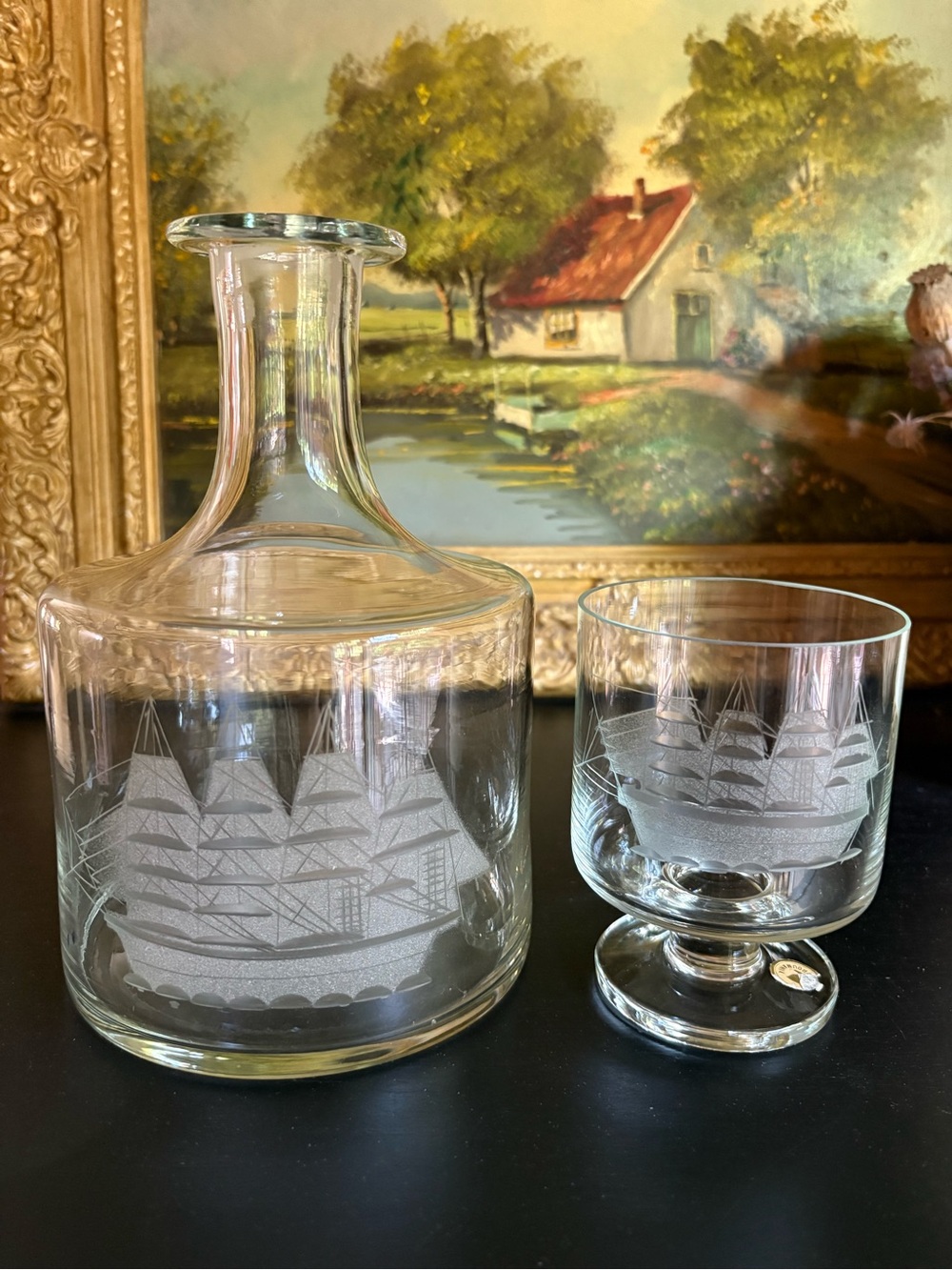 VTG Schooner Etched Glass Decanter & Matching Pedestal Drinking Glass